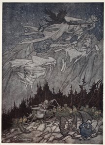 De Kaatskill bergen waren altijd bewoond door vreemde wezens., uit Rip Van Winkle door Washington Irving, uitgegeven 1910 door Arthur Rackham