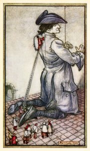 De Lilliputische kleermakers meten Gulliver voor een nieuw pak, uit Deel I: Een reis naar Lilliput in Gullivers Reizen door Jonathan Swift