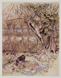 De Mol smeekte als een gunst om alles zelf uit te mogen pakken, uit Wind in the Willows van Kenneth Grahame, pub. 1940 door Arthur Rackham