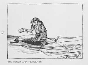 De Aap en de Dolfijn, illustratie uit Aesops Fabels, uitgegeven door Heinemann, 1912