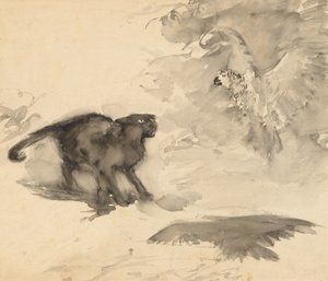 De papegaai en de kat (Schets voor "Goede Nacht" door Eleanor Gates) door Arthur Rackham