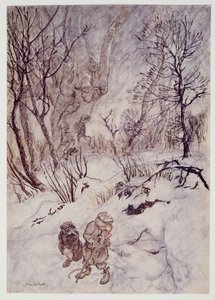 De Rat dacht even na en onderzocht de bulten en hellingen die hen omringden, uit Wind in the Willows van Kenneth Grahame, pub. 1940 door Arthur Rackham