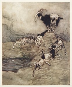 De zeven geitjes en hun moeder dansten rond de bron van vreugde, uit De Sprookjes van de Gebroeders Grimm, uitgegeven 1909 door Arthur Rackham