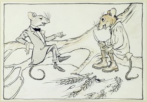 De stadsmuis en de veldmuis, illustratie uit Aesops Fabels, gepubliceerd 1912 door Arthur Rackham