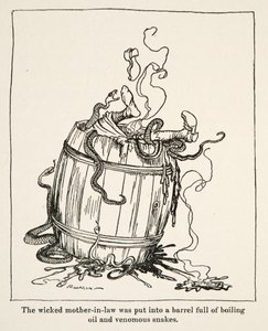 De boze schoonmoeder werd in een vat vol kokende olie en giftige slangen gestopt, uit Kleine Broer & Kleine Zus en andere verhalen door de Gebroeders Grimm, pub.1917 door Arthur Rackham