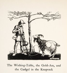 De Wensentafel, de Gouden Ezel en de Knots in de Rugzak, uit Kleine Broer & Kleine Zus en Andere Verhalen door de Gebroeders Grimm, pub.1917 (litho) door Arthur Rackham