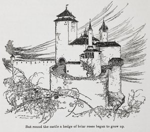Het kasteel omringd door doorns uit Doornroosje door Arthur Rackham