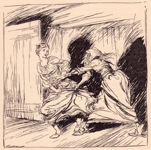 De oude vrouw greep haar bij de jurk en probeerde haar vast te houden. Illustratie door Arthur Rackham uit Grimm
