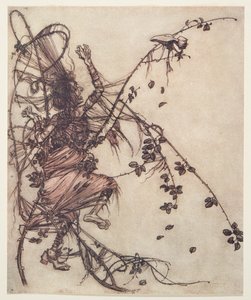 Hoe sneller hij speelde, hoe hoger ze moest springen, uit De Sprookjes van de Gebroeders Grimm, uitgegeven 1909 door Arthur Rackham