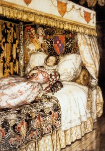 De slapende Prinses, illustratie door Arthur Rackham voor het verhaal van Charles Perrault "Doornroosje" door Arthur Rackham