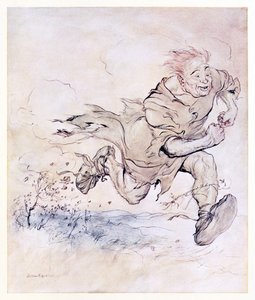 Het bonzen van zijn grote laarzen werd zo continu als het getik van hagelstenen op een dak, en de wind van zijn passage blies bomen omver, uit De kerel van de grauwe jas in Ierse sprookjes door Arthur Rackham