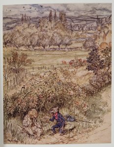 De reiziger groette met een gebaar van beleefdheid dat iets vreemds had, uit Wind in the Willows van Kenneth Grahame, pub. 1940