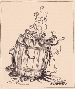 De gemene stiefmoeder werd in een vat vol kokende olie en giftige slangen gestopt. Illustratie door Arthur Rackham uit Grimm