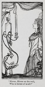 De boze koningin kijkt naar zichzelf in de spiegel van Sneeuwwitje door Arthur Rackham