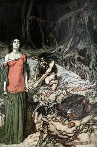 Het hofmaken van Grimhilde, de moeder van Hagen. Illustratie voor Siegfried en De Schemering van de Goden