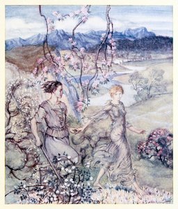 Toen gingen ze [Iollan en Tuiren] hand in hand in het land dat ruikt naar appelbloesem en honing, uit The Birth of Bran in Irish Fairy Tales