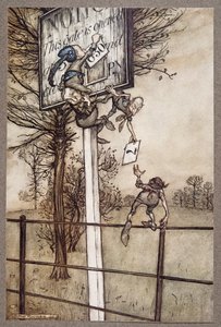 Deze ondeugende feeën veranderen soms stiekem het bord op een balavond ..., uit Peter Pan in Kensington Gardens door J M Barrie (1860 - 1937), pub. 1906 door Arthur Rackham