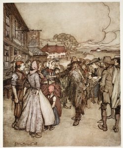 Ze verdrongen zich om hem heen en bekeken hem van top tot teen met grote nieuwsgierigheid., uit Rip Van Winkle door Washington Irving, uitgegeven 1910 door Arthur Rackham