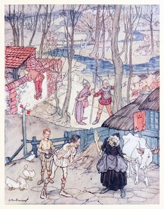 Ze boden een koe voor elk been van haar koe, maar ze zou dat aanbod niet accepteren tenzij Fiachna borg stond voor de betaling, uit Mongans razernij in Ierse sprookjes door Arthur Rackham