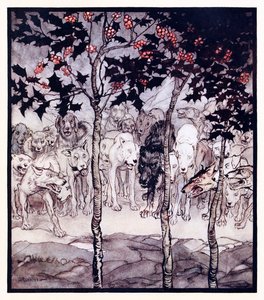 Ze stonden buiten, vervuld van woede en angst, uit De betoverde grot van Cesh Corran in Ierse sprookjes door Arthur Rackham