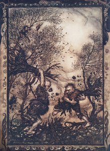 Ze werkten zichzelf zo in een razernij dat ze bomen met wortel en al uittrokken en op elkaar inhakten tot ze beiden dood neervielen, uit De Sprookjes van de Gebroeders Grimm, pub. 1909