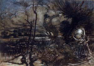 Twee personages verdrinken niet in het moeras, Puck helpt hen met een vuur. Illustratie door Arthur RACKHAM voor De Droom van een Zomernacht door William SHAKESPEARE door Arthur Rackham