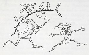 Twee elfen spelen, een draagt een takje maretak door Arthur Rackham