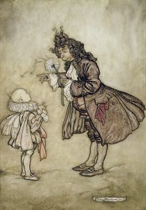 Wanneer Hare Majesteit de Tijd Wil Weten, uit Peter Pan in Kensington Gardens door J.M. Barrie, uitgegeven door Hodder and Stoughton, 1906 door Arthur Rackham