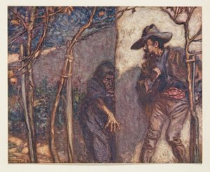 Toen hij over de muur ging, was hij doodsbang om de heks voor zich te zien, uit De Sprookjes van de Gebroeders Grimm, uitgegeven 1909
