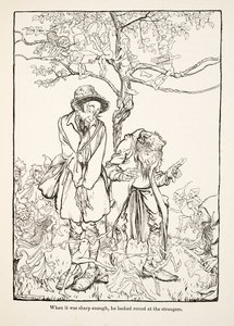 Toen het scherp genoeg was, keek hij rond naar vreemden, uit Kleine Broer & Kleine Zus en Andere Verhalen door de Gebroeders Grimm, pub.1917 (litho) door Arthur Rackham