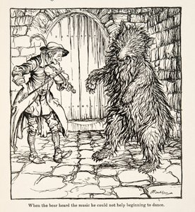 Toen de beer de muziek hoorde, kon hij niet anders dan beginnen te dansen, uit Kleine Broer & Kleine Zus en Andere Verhalen door de Gebroeders Grimm, uitgegeven 1917 door Arthur Rackham