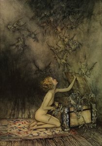Jong meisje en vleermuisachtig wezen door Arthur Rackham