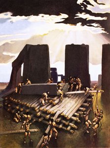 De bouw van Stonehenge, een verbeelding in 1978 door Arthur Ranson