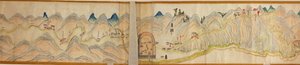 16.000. geleverd. Georiënteerd met het noorden naar rechts. Reliëf picturaal weergegeven. Vogelvlucht. Beslaat Wei-rivier in Baoji Xian, Shanxi Sheng tot Shu Dao in Shanxi-Sichuan grens. Toont nederzettingen, rustplaatsen, stations, herbergen, tempels, ber