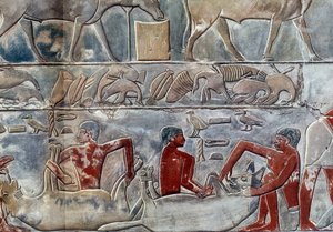 Kunst Egypte: maagsonde van een hyene. College lijkt op de Mastaba van Mereruka. door Artist Unknown