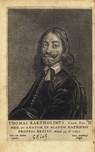 BARTHOLIN, Thomas (1616-1680). Deense arts, wiskundige en theoloog. Hij is vooral bekend om zijn werk in de ontdekking van het lymfestelsel bij mensen en zijn vooruitgang in de theorie van koelverdoving, als eerste beschreven.