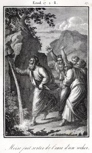 Bijbel - Mozes slaat op de rots en er komt water uit Exodus (gravure) door Artist Unknown