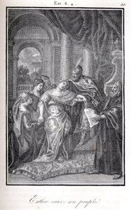 Bijbel, Esther redt haar volk door Ahaseveros te vertellen dat Haman van plan was haar te doden (gravure) door Artist Unknown