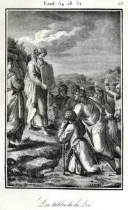Bijbel, Mozes toont de twee tafelen met de tien geboden (gravure)