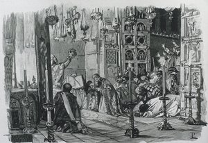 KAREL DE GROTE of KAREL I (742-814). Koning van de Franken en de Longobarden (768-814) en Heilige Roomse Keizer (800-814). Kroning van Karel de Grote als Heilige Roomse Keizer (800). Gravure.