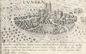 Stad Lund, die in de Middeleeuwen bij Denemarken hoorde, gravure door Artist Unknown