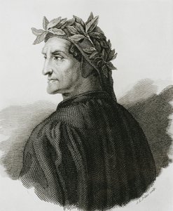 Dante Alighieri (1265-1321). Italiaanse dichter.; Raphael (1483-1520). Reproductie van een fresco van Raphael. Gravure. door Artist Unknown