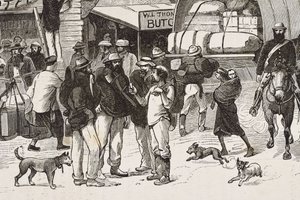 Engeland (19e eeuw). Kolonisatie (1880). Het leven van de goudzoekers in Australië. Engelse kolonie Botany Bay (gesticht in 1788) en aanvankelijk voornamelijk bevolkt door criminelen die goudzoekers en handelaren werden. Gravure. Privécollectie door Artist Unknown