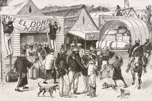 Engeland (19e eeuw). Kolonisatie (1880). Het leven van de goudzoekers in Australië. Engelse kolonie Botany Bay (gesticht in 1788) en aanvankelijk voornamelijk bevolkt door criminelen die goudzoekers en handelaren werden. Gravure. Privécollectie door Artist Unknown