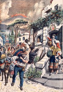 Uitbarsting van de Vesuvius, mensen op de vlucht voor de vulkaan,1906 (print)