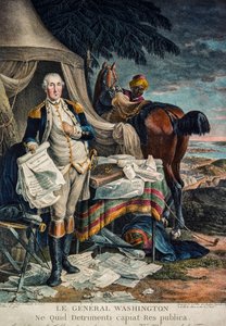 George Washington in een gevechtskamp met de Onafhankelijkheidsverklaring (handgekleurde gravure)