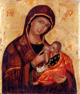 Icoon: "Maagd en kind" Anonieme houten schildering. Kerk Santa Maria delle Grazie al Trionfale, Rome