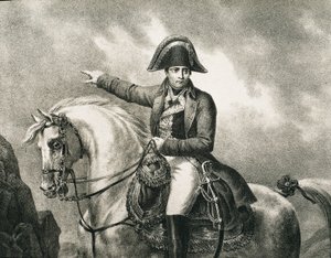 NAPOLEON I Bonaparte (1769-1821). Franse militair en politicus, keizer van Frankrijk (1804-1815). Detail van een ruiterportret van Napoleon, geïnspireerd op het originele portret door Joseph Chabord. Gravure