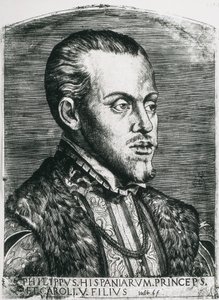 PHILIPS II van Spanje (1527-1598). Koning van Spanje (1556-1598) en Portugal (1580-1598). Portret van Philips nog als prins. Houtsnede.