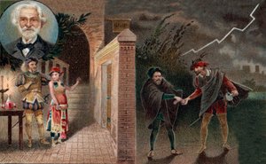 Rigoletto zet Sparafucile in om hertog te vermoorden - Act 3 scène 4 uit de opera Rigoletto van Giuseppe Verdi